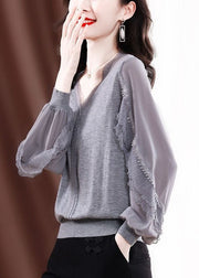 Style Grey V Neck Tulle Patchwork Ruffles Cotton Shirt Top Long Sleeve