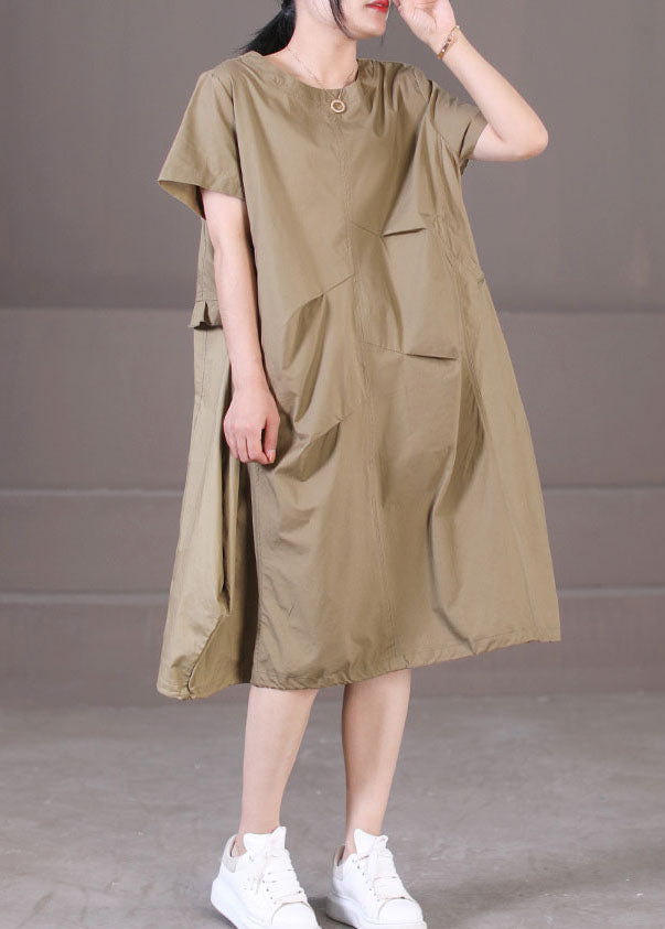 Style Khaki Asymmetrical Design Wrinkled Cotton Party Dress Short Sleeve