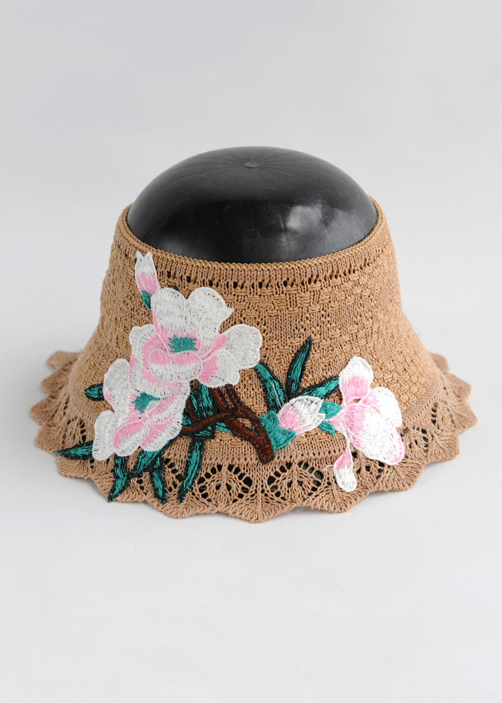 Style Khaki Embroidery Floral Knitted Cotton Floppy Sun Hat