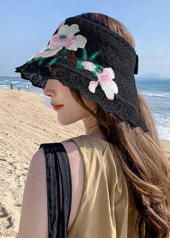 Style Khaki Embroidery Floral Knitted Cotton Floppy Sun Hat