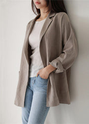 Style Khaki Peter Pan Collar Pockets Linen Coats Spring