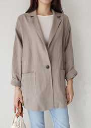 Style Khaki Peter Pan Collar Pockets Linen Coats Spring