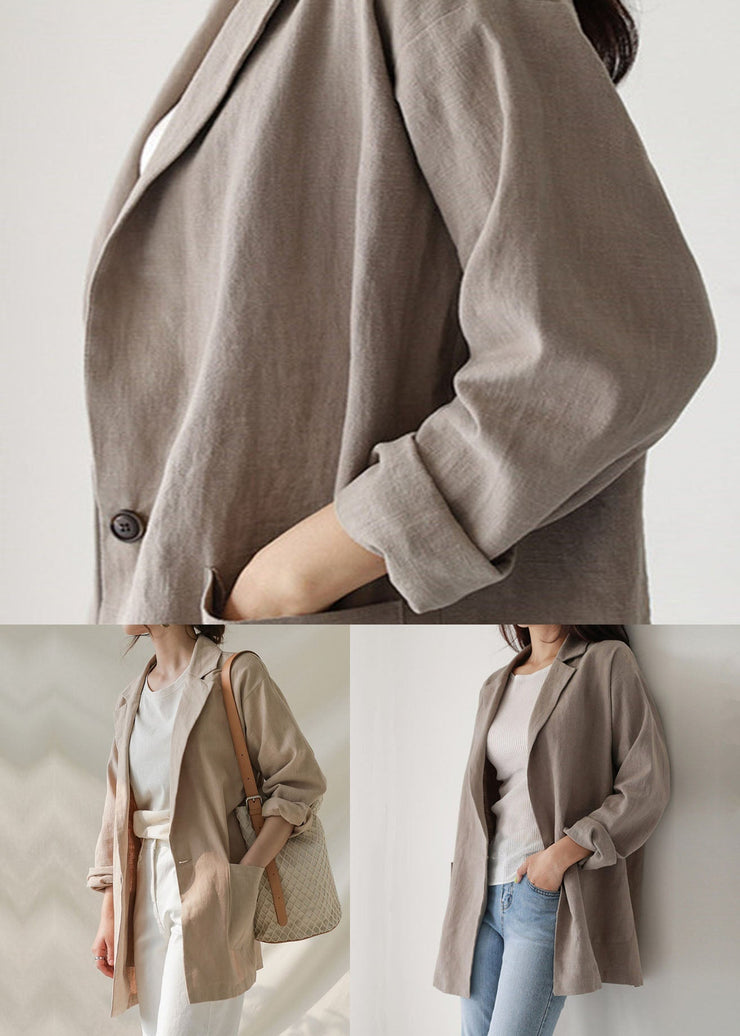 Style Khaki Peter Pan Collar Pockets Linen Coats Spring