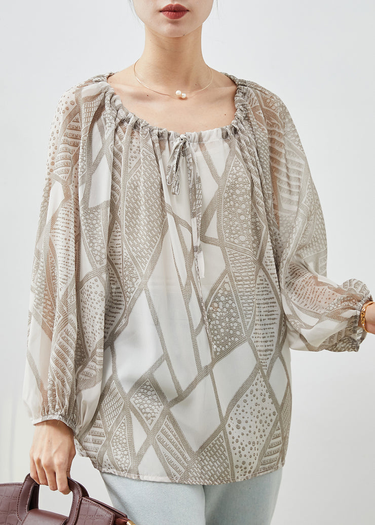 Style Khaki Print Drawstring Chiffon Shirt Top Spring