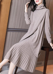 Style Khaki Turtle Neck Asymmetrical Design Knit Pleated Dress Two Piece Set Winter