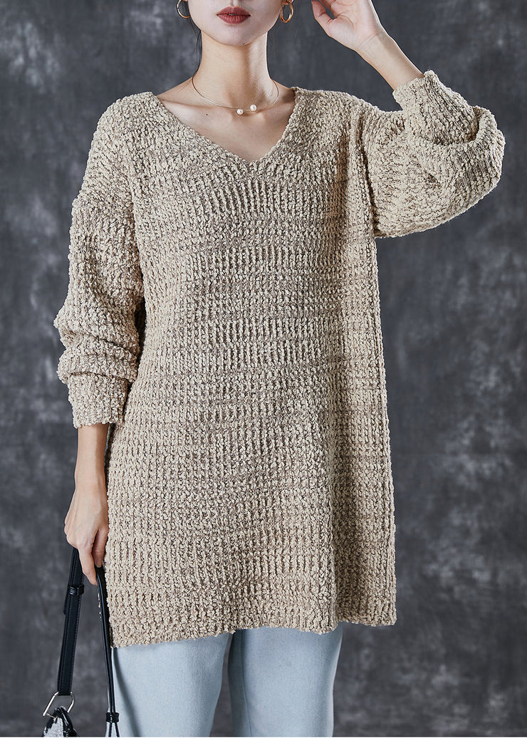 Style Khaki V Neck Oversized Knit Sweater Dress Winter