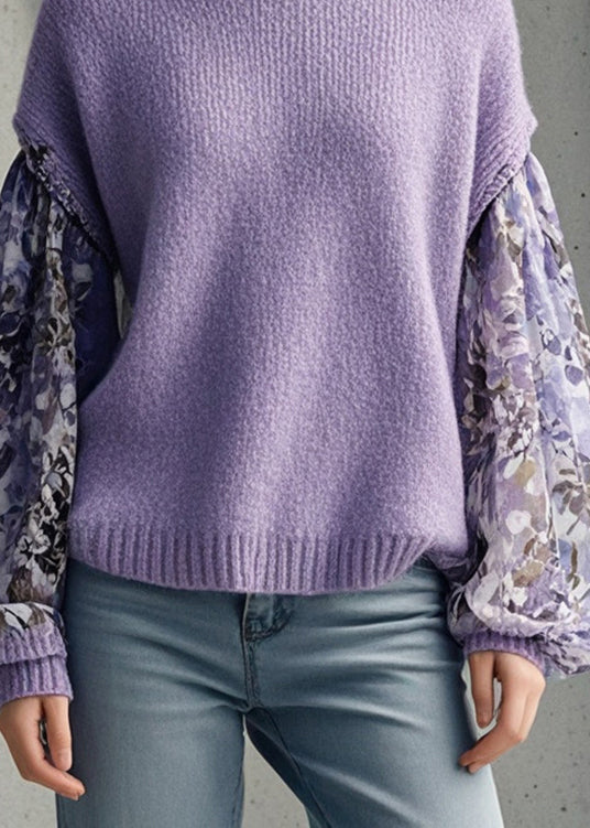 Style Lavender Oversized Patchwork Print Knit Top Fall