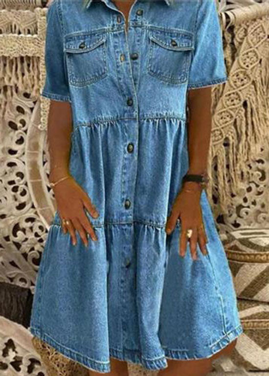 Style Light Blue Peter Pan Collar Wrinkled Patchwork Denim Mid Dress Summer