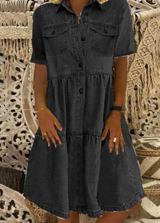 Style Light Blue Peter Pan Collar Wrinkled Patchwork Denim Mid Dress Summer