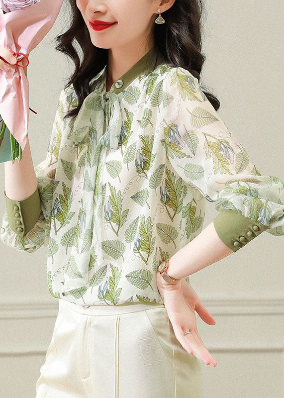 Style Light Green Bow Cinched Print Chiffon Tops Spring