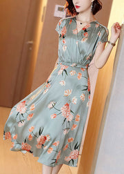 Style Light Green Cinched Print Silk Vacation Dresses Summer