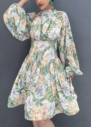 Style Light Green Ruffled Print Chiffon Dress Lantern Sleeve