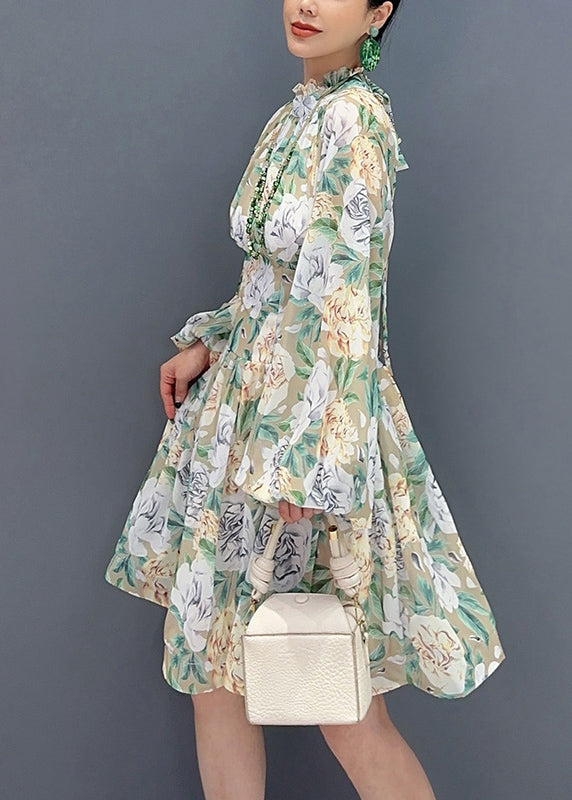 Style Light Green Ruffled Print Chiffon Dress Lantern Sleeve