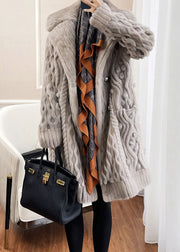 Style Light Grey Button Pockets Patchwork Mink Hair Knitted Coat Fall