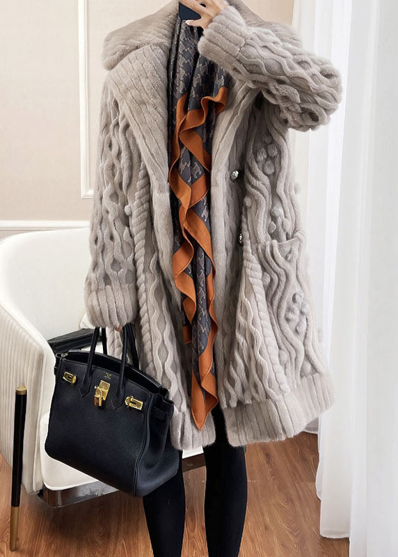 Style Light Grey Button Pockets Patchwork Mink Hair Knitted Coat Fall