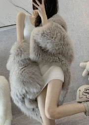 Style Light Grey Hooded Patchwork Fuzzy Fur Fluffy Jacket Winter