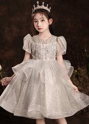 Style Light Grey Peter Pan Collar Nail Bead Tulle Kids Long Dress Short Sleeve