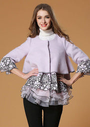 Style Light Purple Embroideried Organza Patchwork Woolen Coat Half Sleeve