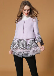 Style Light Purple Embroideried Organza Patchwork Woolen Coat Half Sleeve