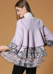 Style Light Purple Embroideried Organza Patchwork Woolen Coat Half Sleeve