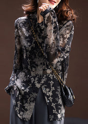 Style Loose Black Zircon Print Chiffon Shirts Long Sleeve