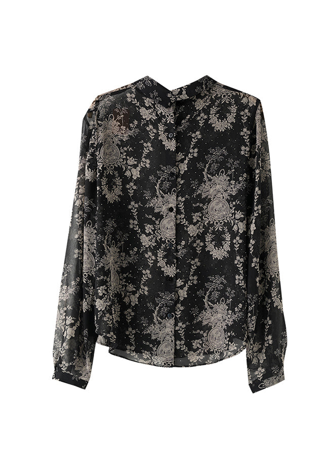 Style Loose Black Zircon Print Chiffon Shirts Long Sleeve