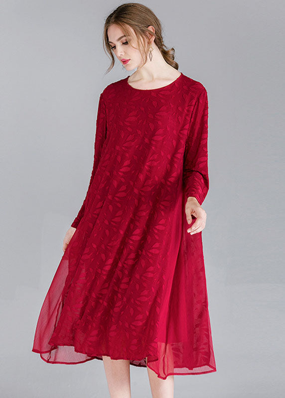 Style Mulberry O-Neck Patchwork Chiffon Holiday Dress Long Sleeve