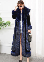 Style Navy Faux Fox Collar Patchwork Silm Fit Faux Fur Coats Winter