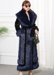 Style Navy Faux Fox Collar Patchwork Silm Fit Faux Fur Coats Winter