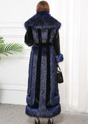 Style Navy Faux Fox Collar Patchwork Silm Fit Faux Fur Coats Winter