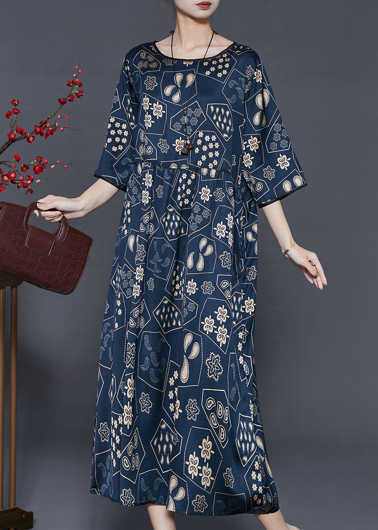 Style Navy Oversized Print Silk Vacation Dresses Half Sleeve