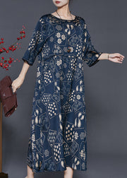 Style Navy Oversized Print Silk Vacation Dresses Half Sleeve