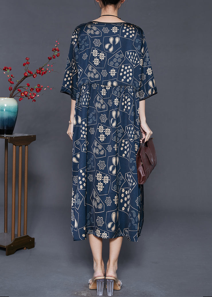 Style Navy Oversized Print Silk Vacation Dresses Half Sleeve