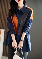 Style Navy Peter Pan Collar Patchwork Drawstring Cotton Blouse Top Long Sleeve