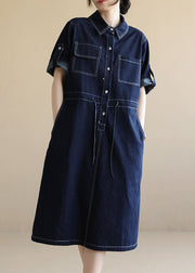 Style Navy Peter Pan Collar Pockets Drawstring Cotton Denim Dresses Short Sleeve