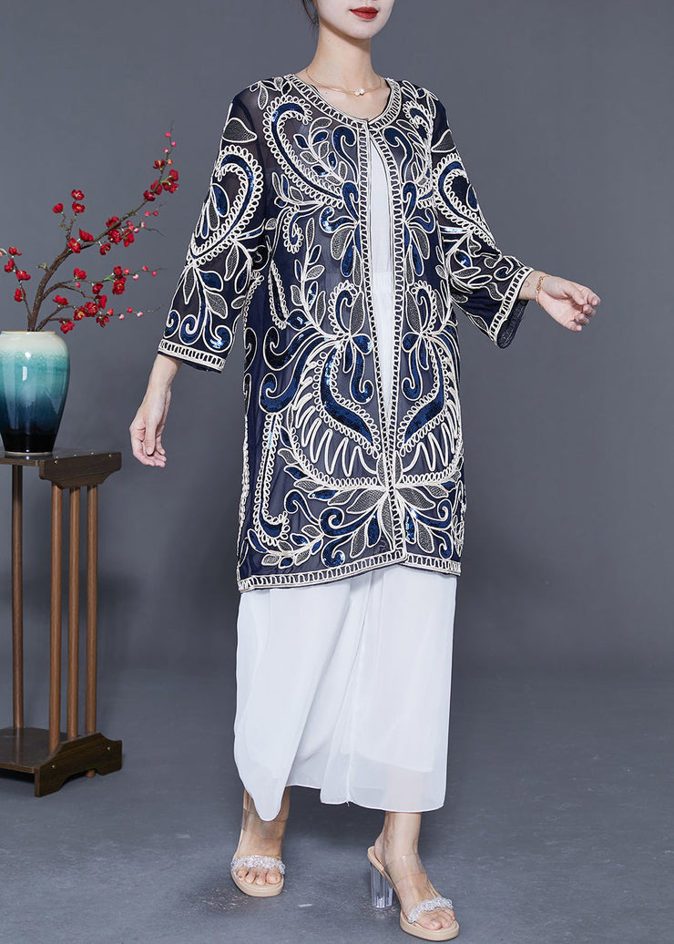 Style Navy Sequins Embroideried Tulle Cardigans Summer