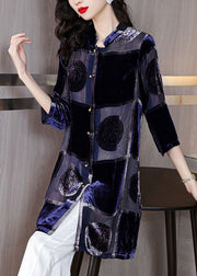 Style Navy Stand Collar Print Chiffon Long Shirt Half Sleeve