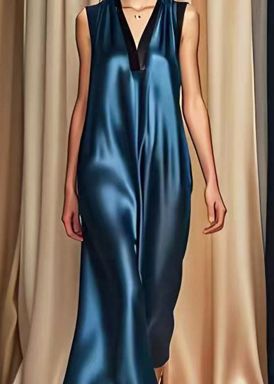 Style Navy V Neck Draping Silk Maxi Dresses Summer