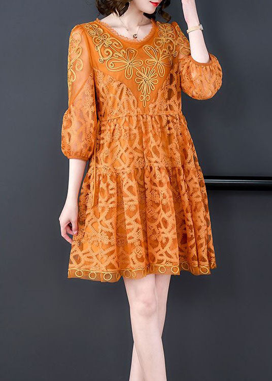 Style Orange Embroideried Patchwork Tulle Mid Dress Summer