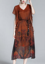 Style Orange O-Neck Print Tie Waist Silk Holiday Long Dress Short Sleeve