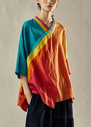 Style Orange Oversized Patchwork Linen Shirt Tops Summer