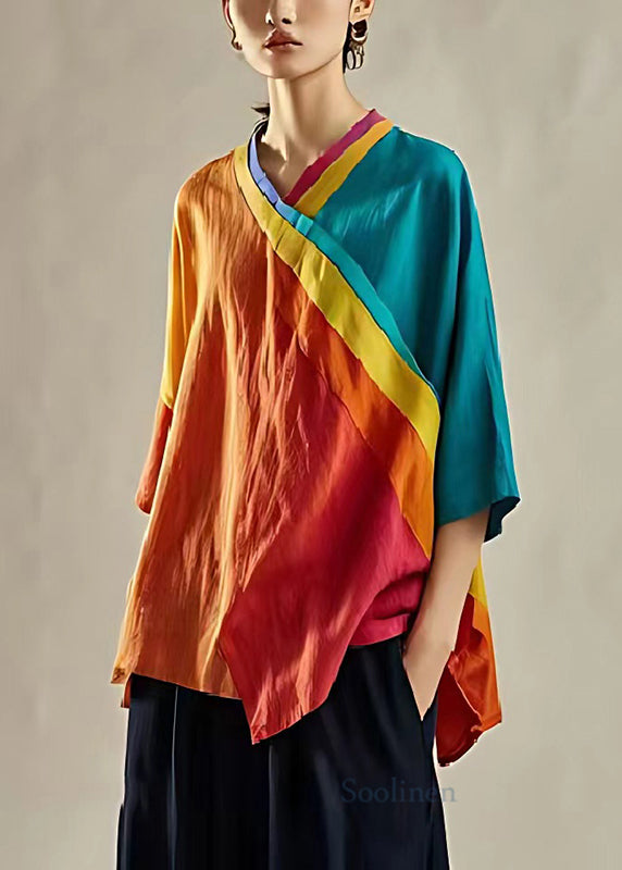 Style Orange Oversized Patchwork Linen Shirt Tops Summer