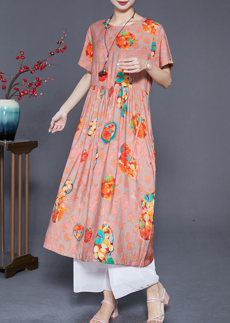 Style Orange Oversized Print Linen Holiday Dress Summer