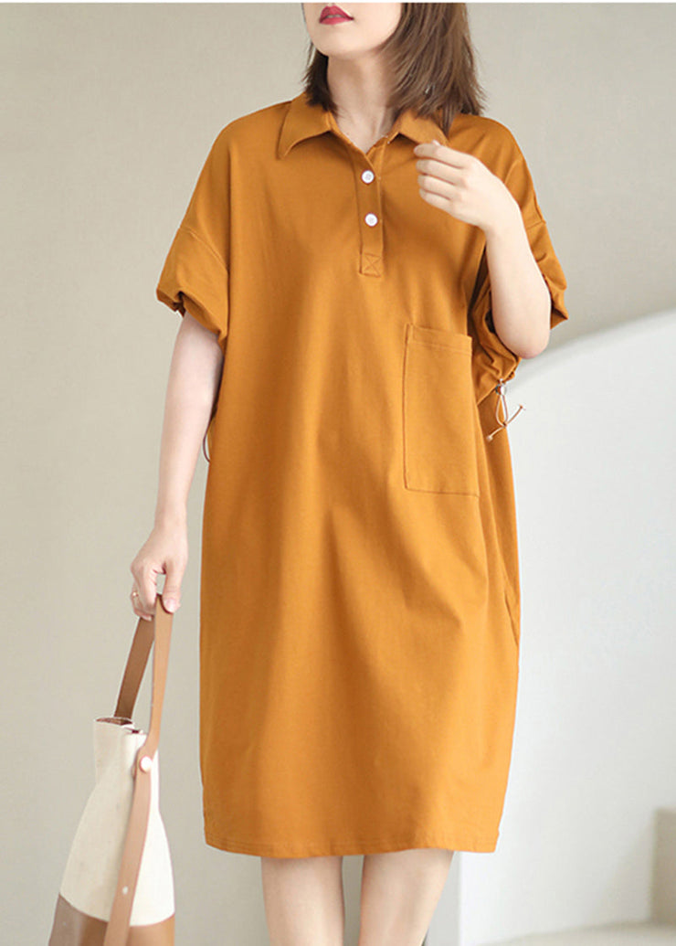 Style Orange Peter Pan Collar Pocket Cotton Maxi Dresses Summer