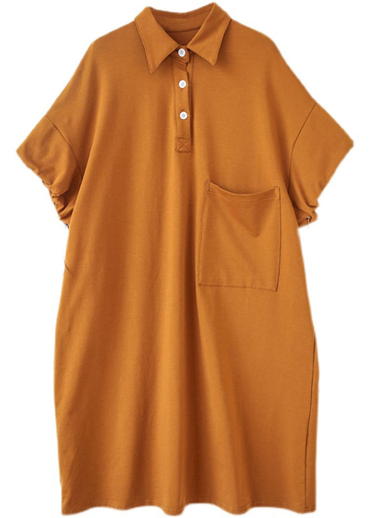 Style Orange Peter Pan Collar Pocket Cotton Maxi Dresses Summer