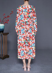 Style Orange V Neck Tie Waist Print Chiffon Maxi Dresses Spring