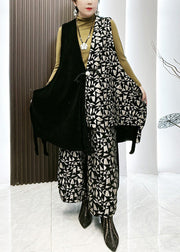 Style Patchwork Print Waistcoat And Wide Leg Pants Two Piece Set Winter