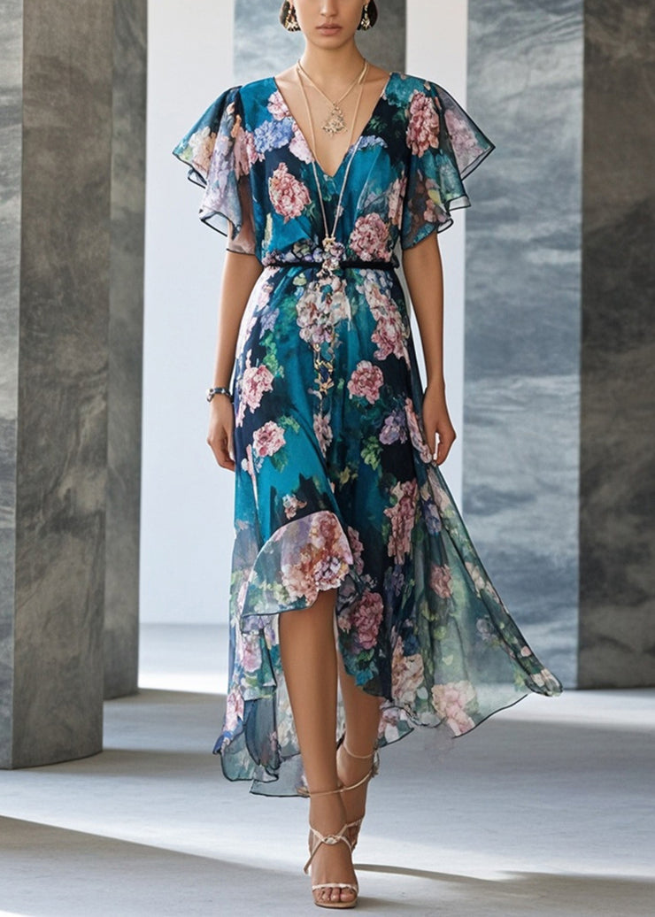 Style Peacock Blue Print Chiffon Party Dress Summer