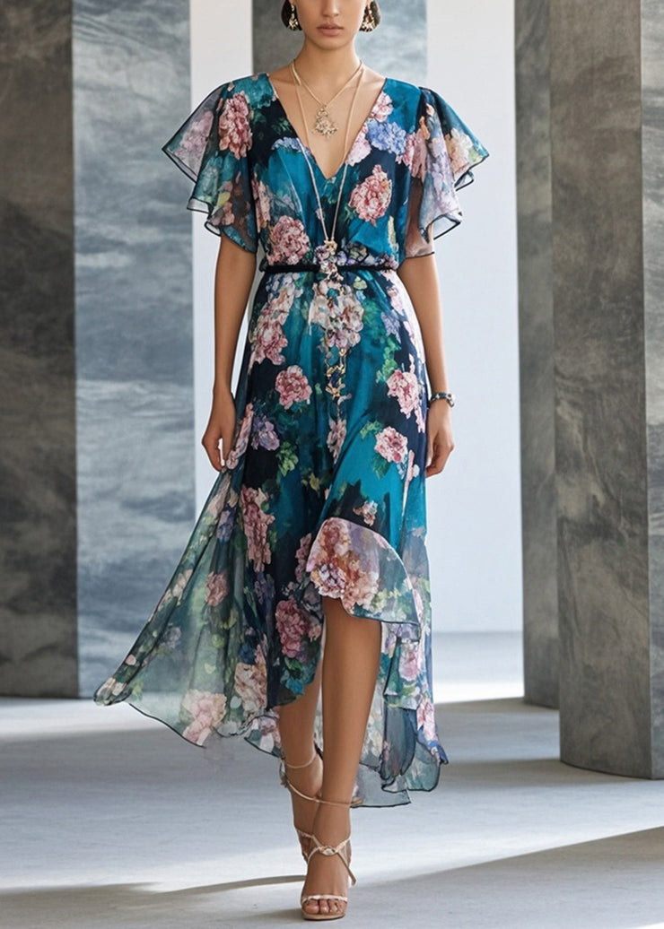 Style Peacock Blue Print Chiffon Party Dress Summer