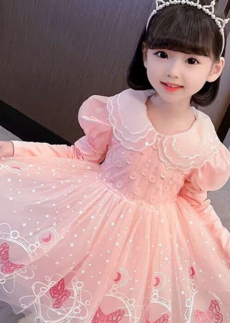 Style Pink Embroideried Patchwork Tulle Kids Long Dresses Long Sleeve